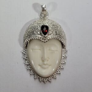 Goddess Pendant Carved White Stone Face Sterling Silver Garnet